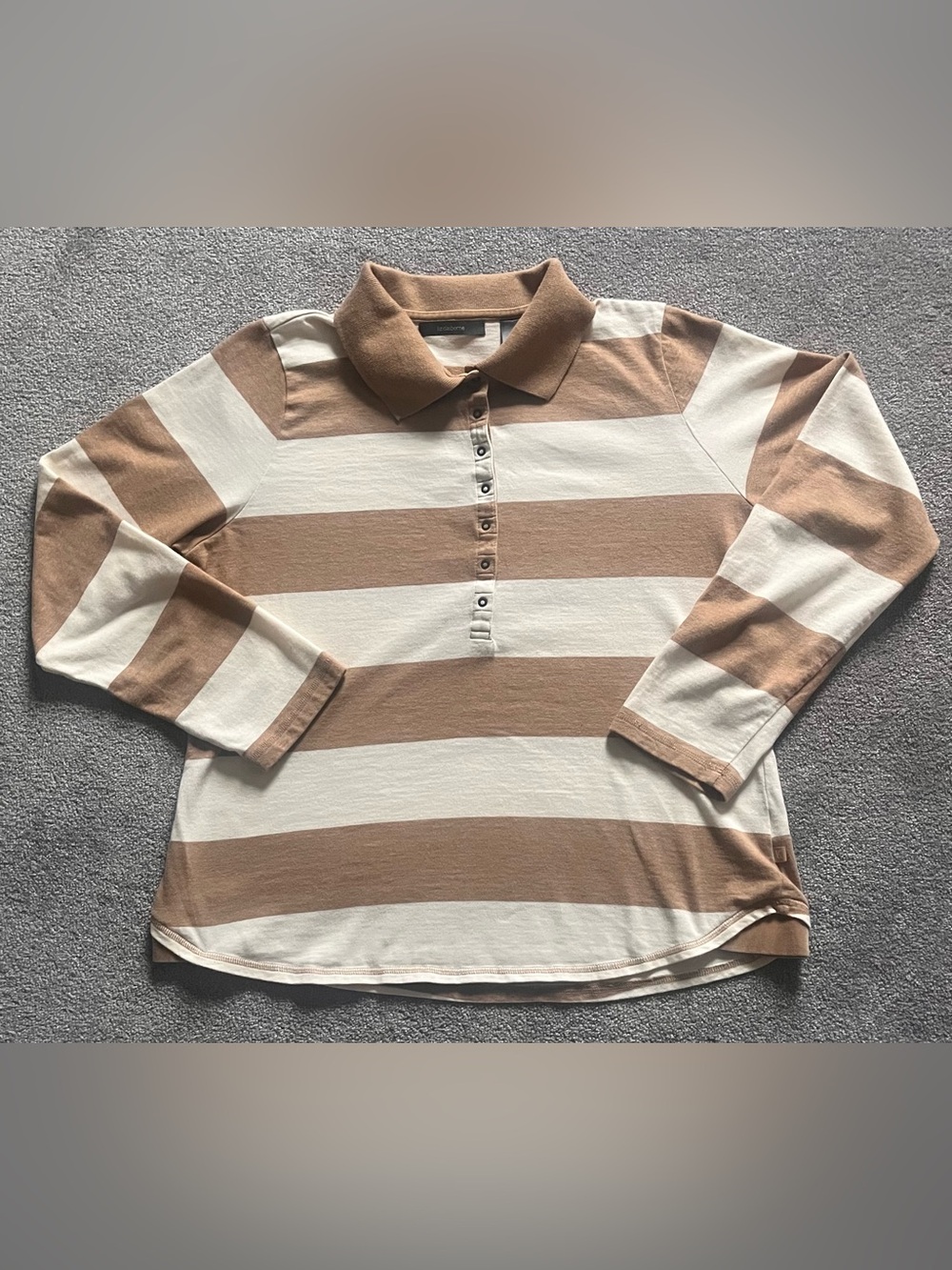 Vintage Y2K Preppy Rugby Striped Long Sleeve Cotton Polo in Camel and Ivory